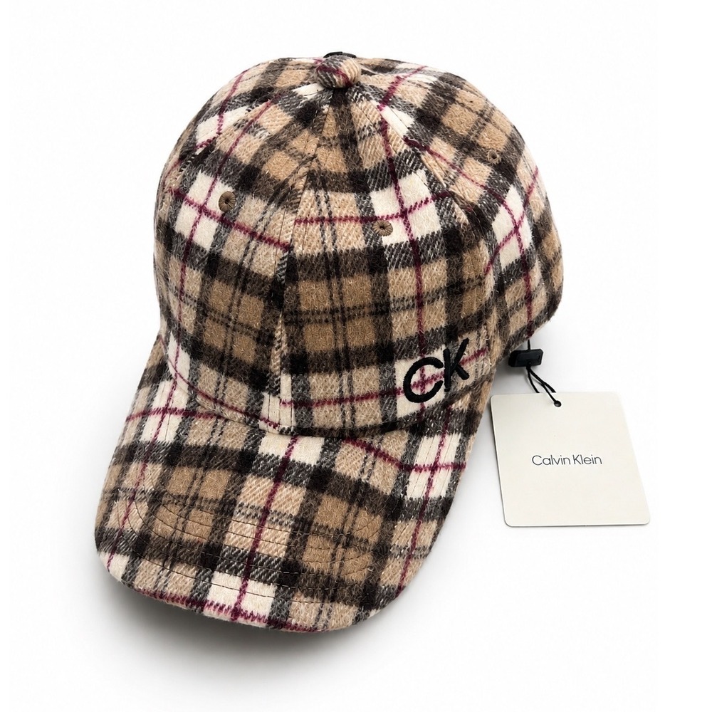 NEW Calvin Klein Brown‎ Tan Plaid Baseball Cap CK Logo Adjustable Hat unisex